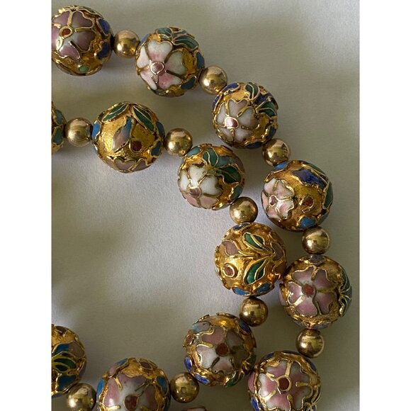 Vintage Hand-Painted Cloisonné Beaded Necklace With Gold Accents - Floral Design - Picture 7 of 7